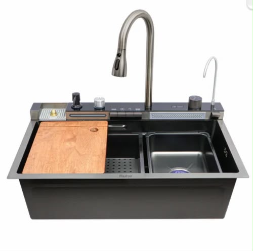 Double bowl kitchen sink with wooden board